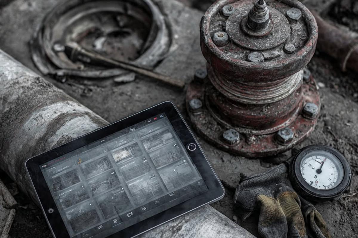 A tablet and gauge resting on pipework during a field check
