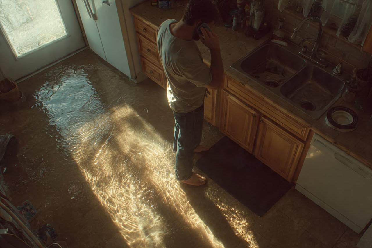 A homeowner standing in a flooded kitchen, calling for a plumber