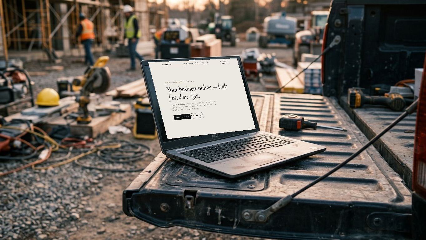 A finished Prime website open on a laptop on a truck tailgate at a jobsite