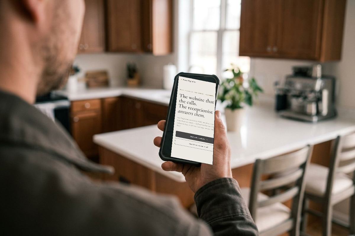 A customer viewing a Prime-built site on their phone in a kitchen