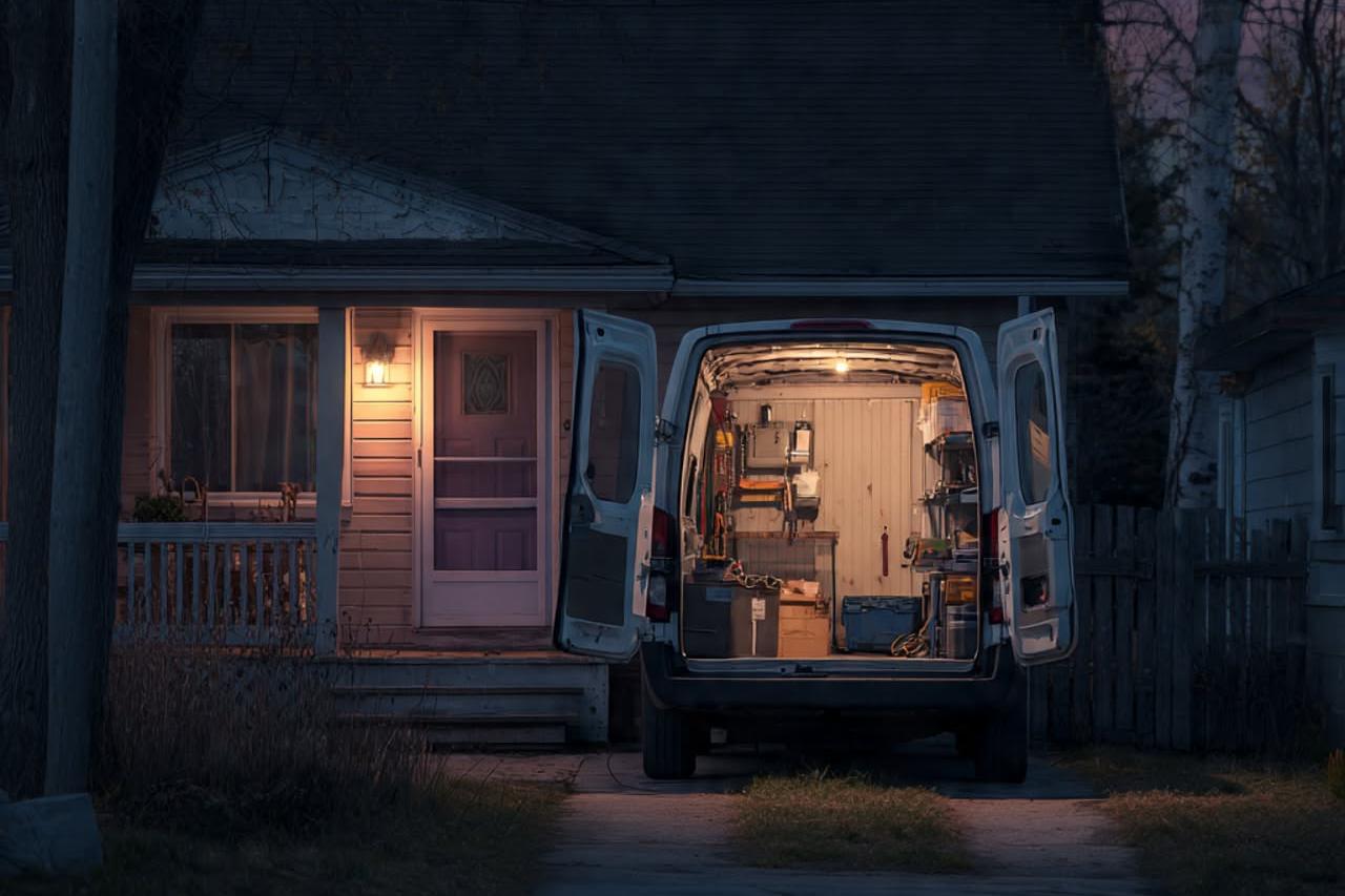 A work van at a customer's house at dusk, doors open mid-job