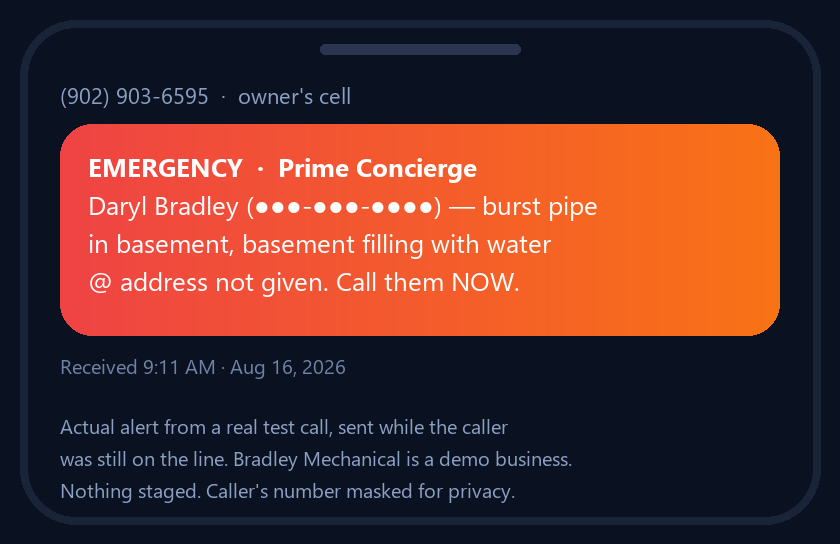 The text message Prime sent to the owner's phone during the call: an emergency alert with the caller's name, number and the burst-pipe details